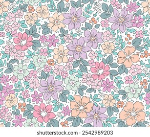 Lindo padrão floral em pequenas flores de liberdade. Pequenas flores coloridas claras. Fundo branco. Impressão de Ditsy. Fundo floral sem emenda. Modelo vintage para impressões de moda.