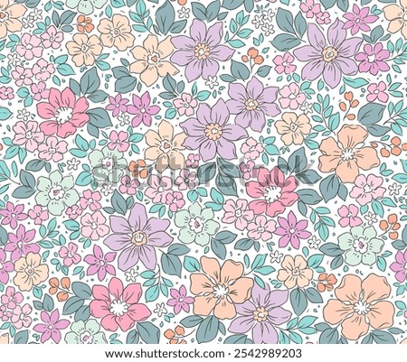 Beautiful floral pattern in small liberty flowers. Small light colorful flowers. White background. Ditsy print. Floral seamless background. Vintage template for fashion prints.