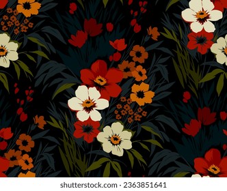 Beautiful floral pattern in small night flowers. Small white and red flowers. Black background. Ditsy print. Floral seamless background. Liberty template for fashion prints. Stock pattern.