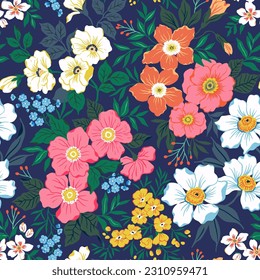 Beautiful floral pattern. Small pink and white flowers. Dark blue background. Liberty print. Floral seamless background. Stock vector for printing on surfaces. Vintage flowers.