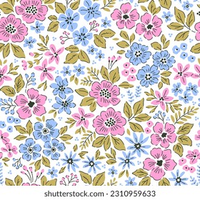Beautiful floral pattern in small retro flowers. Small pink and blue flowers. White background. Ditsy print. Floral seamless background. Stock vector for printing on surfaces. Vintage flowers.
