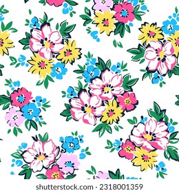 Beautiful floral pattern in small retro flowers. Small pink, blue and yellow flowers. White background. Vintage print. Floral seamless background. Stock vector for printing on surfaces. 