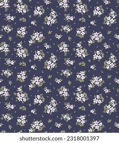 Beautiful floral pattern in small retro flowers. Small white flowers. Dark navy blue background. Ditsy print. Floral seamless background. Stock vector for printing on surfaces. Abstract flowers.