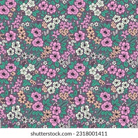Hermoso patrón floral en pequeñas flores retro. Pequeñas flores lilas y blancas. Fondo gris. Impresión Ditsy. Fondo floral sin fisuras. Vector de material para imprimir en superficies. Flores antiguas.