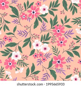 Beautiful floral pattern in small vintage flowers. Small pink and white flowers. Coral background. Ditsy print. Floral seamless background. The gentle the template for fashion prints. Stock pattern.