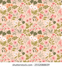 Hermoso patrón floral en Pequeñas flores vintage. Pequeñas flores de color pastel. Fondo rosa claro. Impresión de la libertad. Fondo floral sin fisuras. Plantilla de Antiguas para estampados de moda. Patrón de acciones.