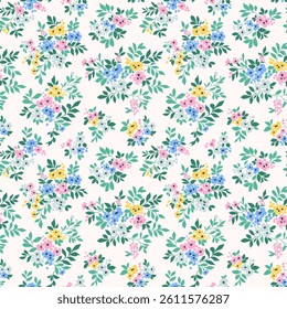 Beautiful floral pattern in small vintage flowers. Small pink, blue and yellow flowers. White background. Ditsy print. Floral seamless background. Gentle template for fashion prints. Stock pattern