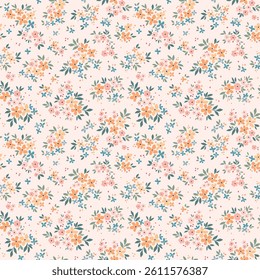 Beautiful floral pattern in small vintage flowers. Small pink, orange and yellow flowers. Ivory background. Ditsy print. Floral seamless background. Gentle template for fashion prints. Stock pattern