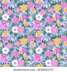Lindo padrão floral em pequenas flores vintage. Pequenas flores brancas, rosas e amarelas. Fundo lilás claro. Impressão de Ditsy. Fundo floral sem emenda. Modelo suave para impressões de moda. Ação 