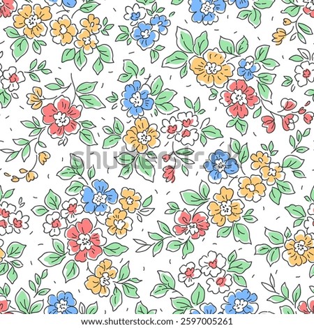 Beautiful floral pattern in small vintage flowers. Small blue, yellow and red flowers. White background. Ditsy print. Floral seamless background. Gentle template for fashion prints. Stock pattern.