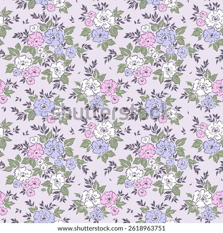Beautiful floral pattern in small vintage flowers. Small pink, lilac and white flowers. Gray background. Ditsy print. Floral seamless background. Gentle template for fashion prints. Stock pattern