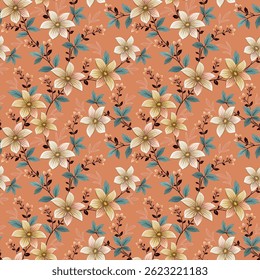 Beautiful floral pattern for spring with light brown background   seamless design of leaves and flowers for fabric textile