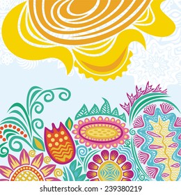Beautiful floral pattern summer background with abstract sun vector illustration