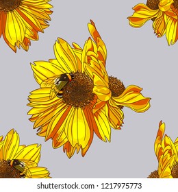 Beautiful floral pattern with sunflowers and bumblebee for print.Hand drawn artwork vector seamless.