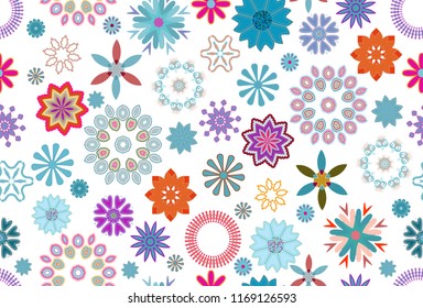 beautiful floral pattern tile in blue, pink and yellow over white background. the tile is ready for seamless repeat. for textile, fabric, wallpapers, wall decor, backdrops and creative surface designs