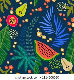 Beautiful floral pattern with tropical fruits and palm leaves. Seamless botanical print with watermelon and pears on dark background. Retro textile collection.