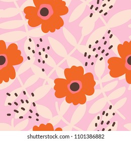 Beautiful Floral pattern. Vector seamless texture with flowers, leaves and abstract strokes. Flowers background in vintage style.
