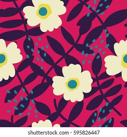 Hermoso patrón floral. Textura vectorial sin fisuras con flores, hojas y trazos abstractos. Flores fondo en estilo vintage.
