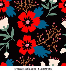 Beautiful Floral pattern. Vector seamless texture with flowers and leaves. Botanical background in vintage style.