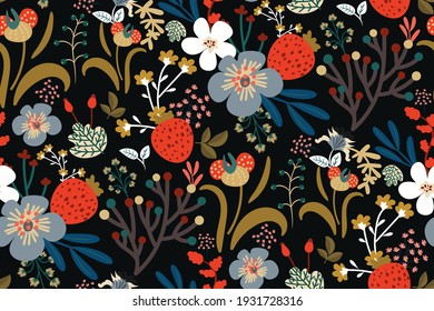 Beautiful floral pattern in vintage folk style. Hand-drawn flowers, leaves, berries on a dark background. Creative botanical backdrop for prints, wallpapers, fabrics, covers...Vector illustration.