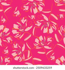 Beautiful floral pattern in vintage folk style. Hand-drawn flowers, leaves, berries on a dark background. Creative botanical backdrop for prints, wallpapers, fabrics