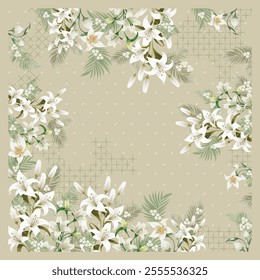 A beautiful floral pattern with white lilies and green leaves arranged on a soft beige background, ideal for invitations, stationery designs, and elegant artistic project