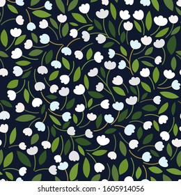 Beautiful Floral pattern with white tulips / lilies of the valley, leaves on a dark background. Forest botanical motifs scattered random. Seamless vector texture. Wild flowers print, elegant template.