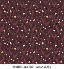 Beautiful floral pattern yellow orange flower. Seamless vector. Elegant fashion print. Spring trend print. White dots snow. Burgundy red maroon background. Textiles, fabric, wallpaper, packaging