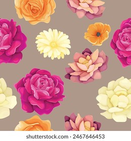 beautiful floral pattern with yellow  pink  and pink roses.
