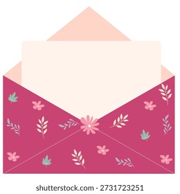 Hermoso sobre abierto con motivos florales, perfecto para invitaciones o saludos especiales. Ilustración vectorial.