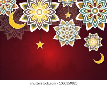 Beautiful floral patttern and hanging golden moon, stars, on red background, with mosque silhouette. 