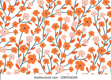 Beautiful floral print, rich orange and pastel flowers on a white background seamless pattern. Spring/summer Botanical texture, ornament. Vector design for fashion, fabric, book covers, magazines...