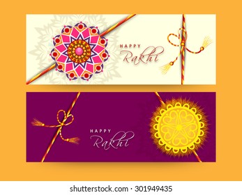 Beautiful floral rakhi decorated website header or banner set for Indian festival of brother and sister love, Happy Raksha Bandhan celebration.