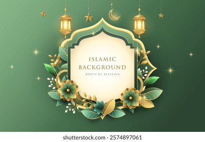 Beautiful floral Ramadan Kareem greeting design on green background with gold ornament star, moon and lanterns. Suitable for raya and ramadan template concept.