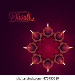 Beautiful floral Rangoli with Illuminated Oil Earthen Lamps, Vector greeting card design for Indian Festival of Lights, Happy Diwali Celebration.