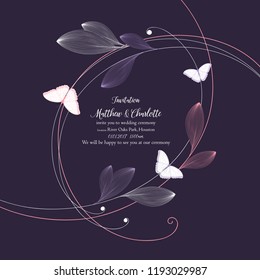Beautiful floral romantic frame with abstract leaves and butterflies.
