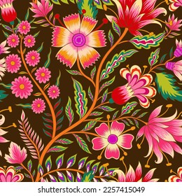 Beautiful floral romantic seamless pattern in Jacobean style.The ornament is also inspired by Mughal art.The design depicts a bunch of fantasy flowers a textile Indian style.Vector illustration