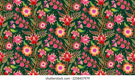 Beautiful floral romantic seamless pattern in Jacobean style.The ornament is also inspired by Mughal art.The design depicts a bunch of fantasy flowers a textile Indian style.Vector illustration