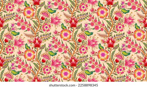 Beautiful floral romantic seamless pattern in Jacobean style.The ornament is also inspired by Mughal art.The design depicts a bunch of fantasy flowers a textile Indian style.Vector illustration