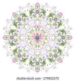 Beautiful floral round pattern in chinese style. Imitation of chinese porcelain painting. Lotus flowers and leaves are painted by watercolor. 