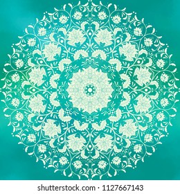 Beautiful floral round pattern. Imitation of chinese porcelain painting. Green watercolor background