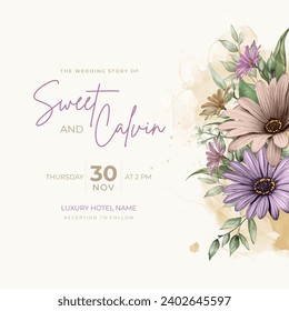 Beautiful floral rustic watercolor wedding invitation card design template