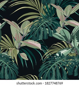 Beautiful floral seamless pattern background with ficus and tropical palm leaves. Perfect for wallpapers, web page backgrounds, surface textures, textile. Black backdrop.