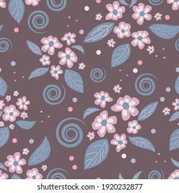 beautiful floral seamless pattern. beige-gray-pink flowers, twisted spiral azure stems, multi-colored circles of different sizes are randomly located on a brown background. vector 