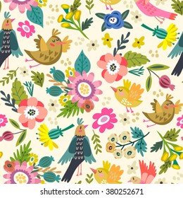 Beautiful floral seamless pattern of bird and flowers. Bright illustration, can be used for creating card, invitation card for wedding,wallpaper and textile.
