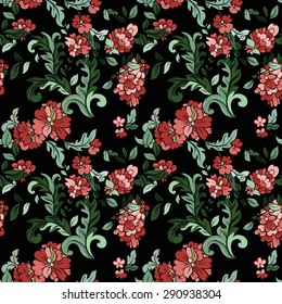 Beautiful  floral seamless pattern with black backdrop. Vector background.  Flowers and leaves.