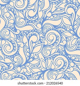 beautiful floral seamless pattern with blue swirls and petals on a beige background. vector illustration