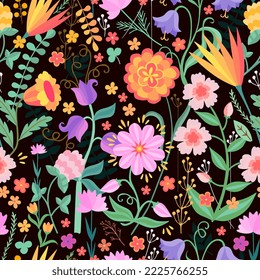 Beautiful floral seamless pattern. Bright summer flowers on black background. Fabric print. Vector design