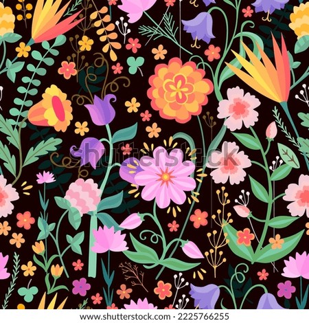 Beautiful floral seamless pattern. Bright summer flowers on black background. Fabric print. Vector design