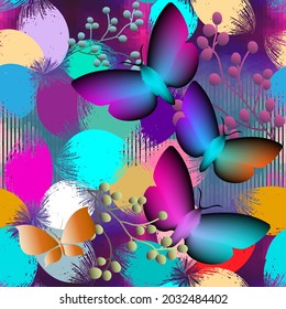 Beautiful floral seamless pattern. Colorful vector textured background. Hand drawn bright strokes flowers with illuminated 3d butterflies. Abstract repeat floral backdrop. Grunge flowers ornament. 